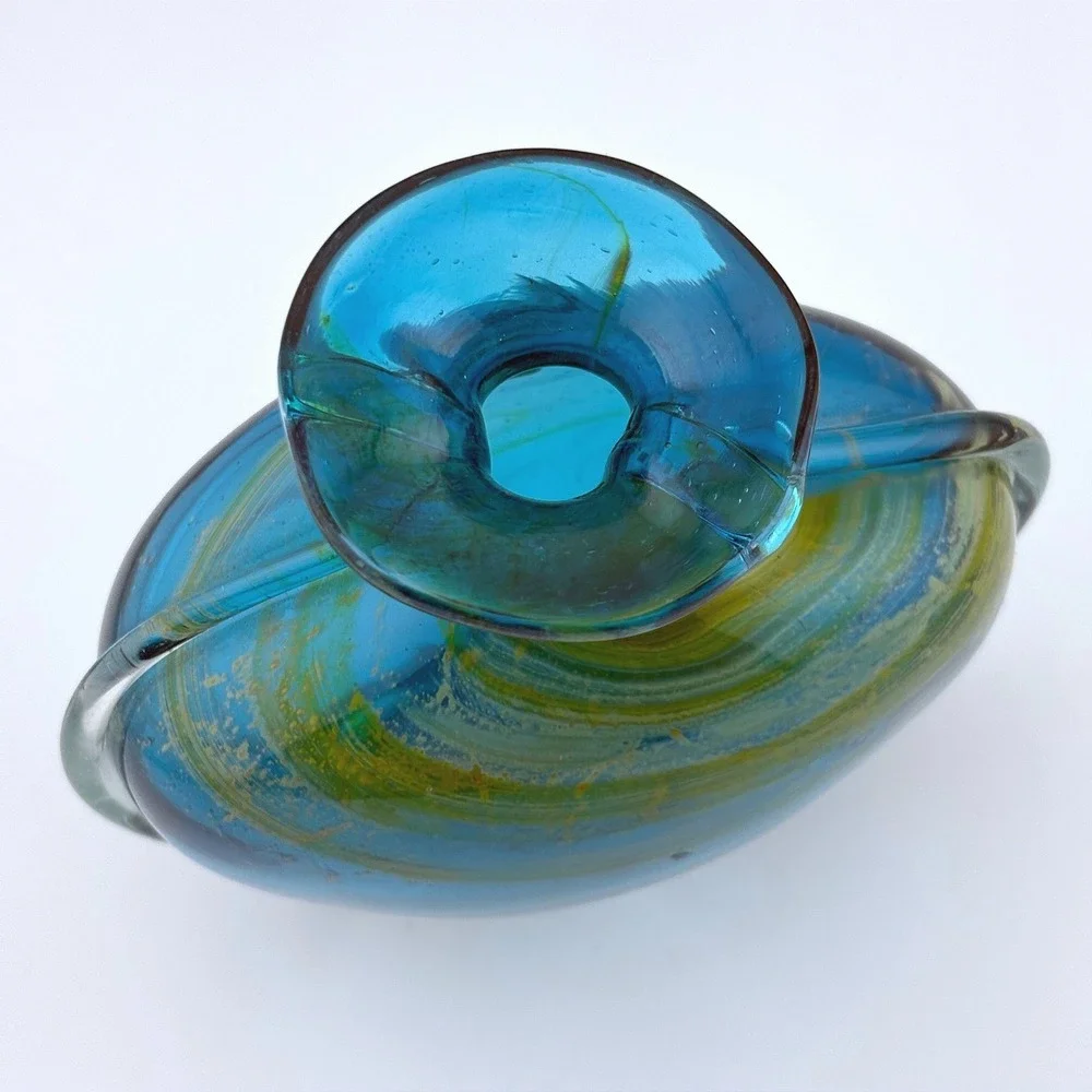Mdina Glass Malta Turquoise Blue Swirl Art Glass Vase Signed